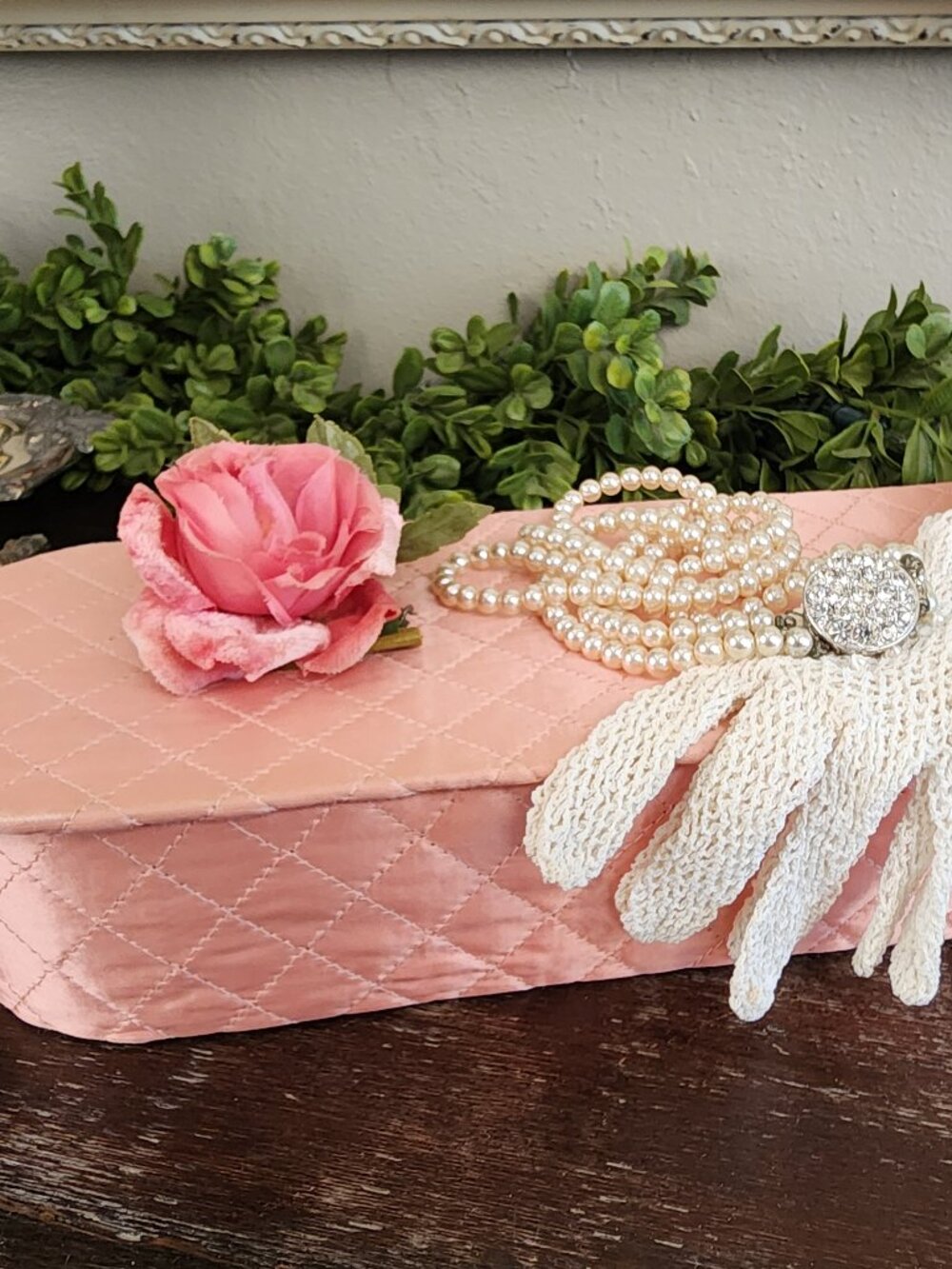 Vintage 1940's Pink Satin Covered Padded & Quilted Glove Dresser Box